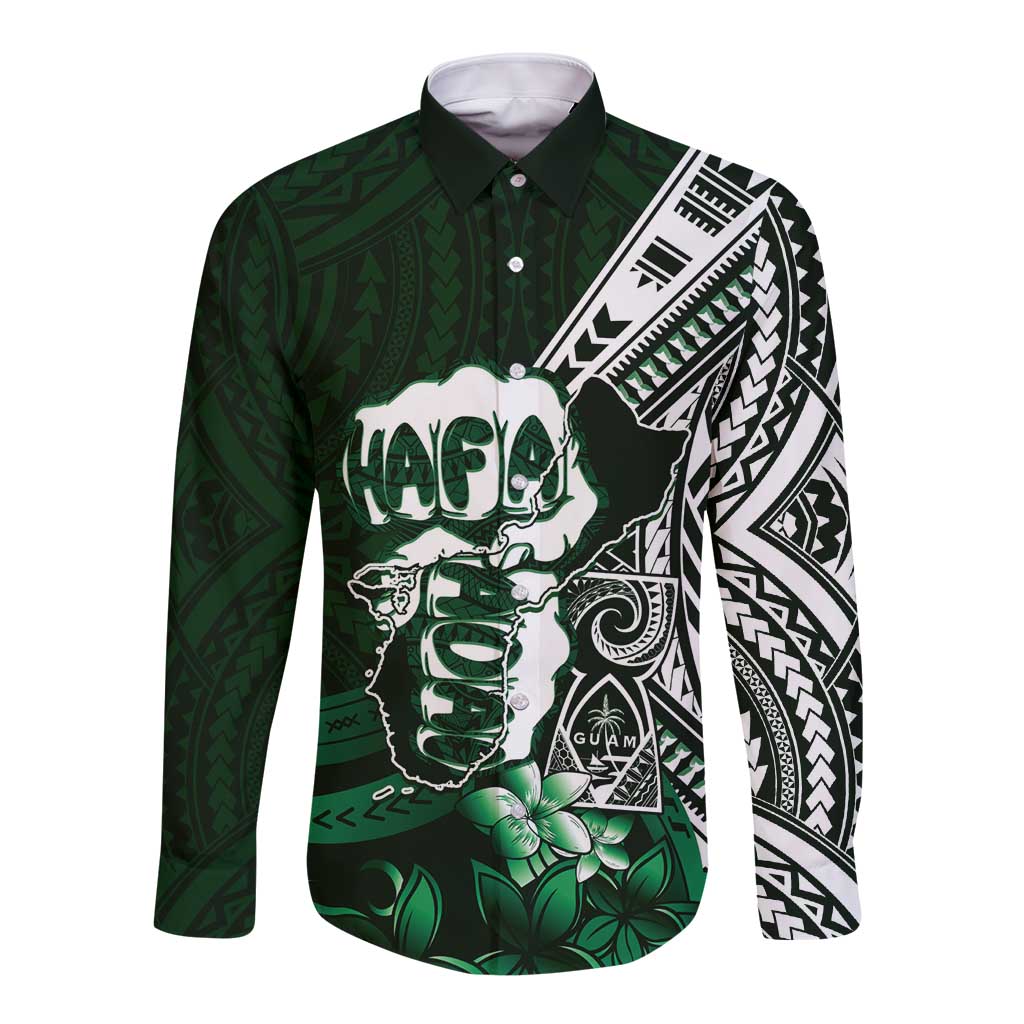 Hafa Adai Guam Discovery Day Long Sleeve Button Shirt Chamorro Latte Stone Hand Green Version LT14 Unisex Green - Polynesian Pride