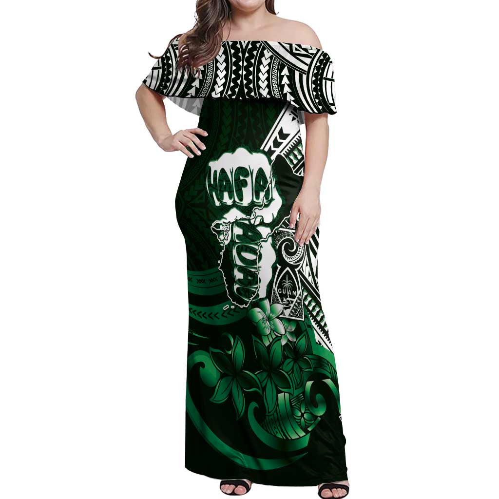 Hafa Adai Guam Discovery Day Off Shoulder Maxi Dress Chamorro Latte Stone Hand Green Version LT14 Women Green - Polynesian Pride