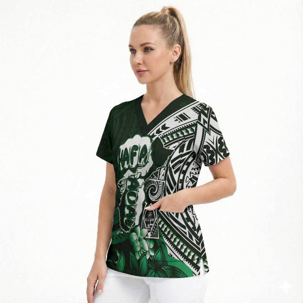 Hafa Adai Guam Discovery Day Scrub Top Chamorro Latte Stone Hand Green Version