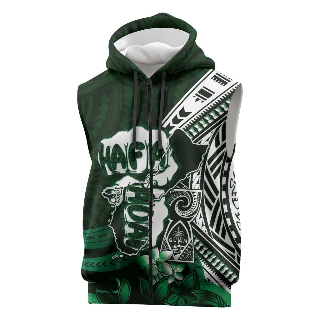 Hafa Adai Guam Discovery Day Sleeveless Zip Hoodie Chamorro Latte Stone Hand Green Version LT14 Green - Polynesian Pride