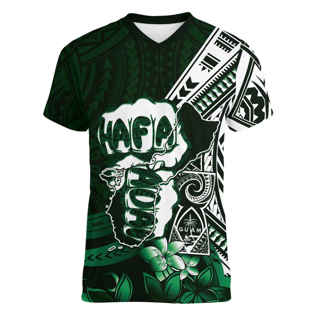 Hafa Adai Guam Discovery Day Women V-Neck T-Shirt Chamorro Latte Stone Hand Green Version