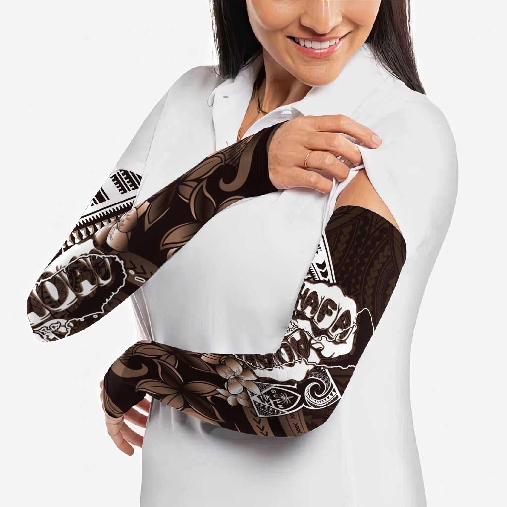 Hafa Adai Guam Discovery Day Arm Sleeves Chamorro Latte Stone Hand Brown Version