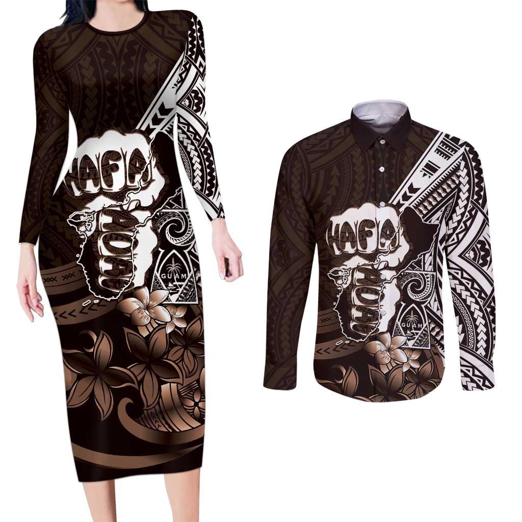 Hafa Adai Guam Discovery Day Couples Matching Long Sleeve Bodycon Dress and Long Sleeve Button Shirt Chamorro Latte Stone Hand Brown Version LT14 Brown - Polynesian Pride