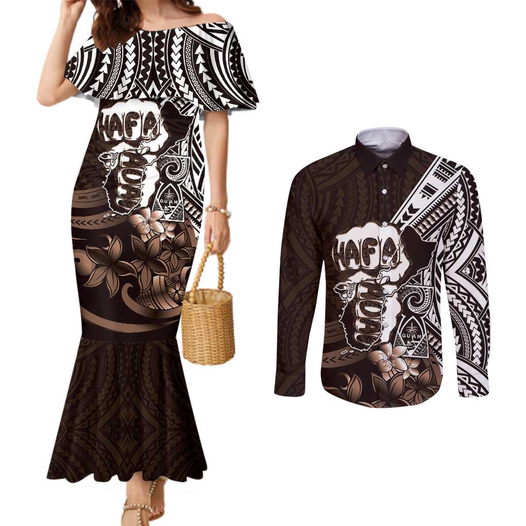 Hafa Adai Guam Discovery Day Couples Matching Mermaid Dress and Long Sleeve Button Shirt Chamorro Latte Stone Hand Brown Version LT14 Brown - Polynesian Pride