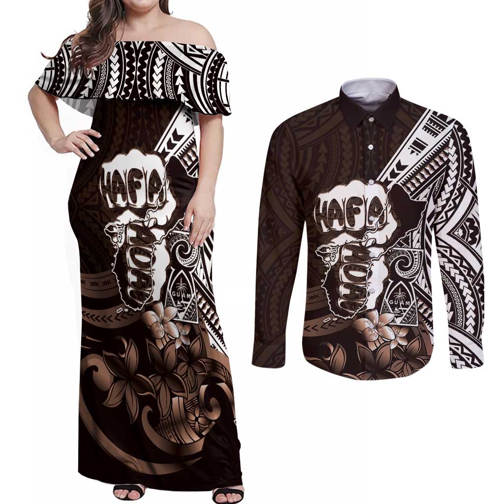 Hafa Adai Guam Discovery Day Couples Matching Off Shoulder Maxi Dress and Long Sleeve Button Shirt Chamorro Latte Stone Hand Brown Version LT14 Brown - Polynesian Pride