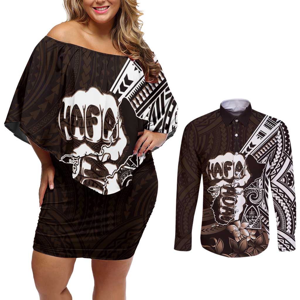 Hafa Adai Guam Discovery Day Couples Matching Off Shoulder Short Dress and Long Sleeve Button Shirt Chamorro Latte Stone Hand Brown Version