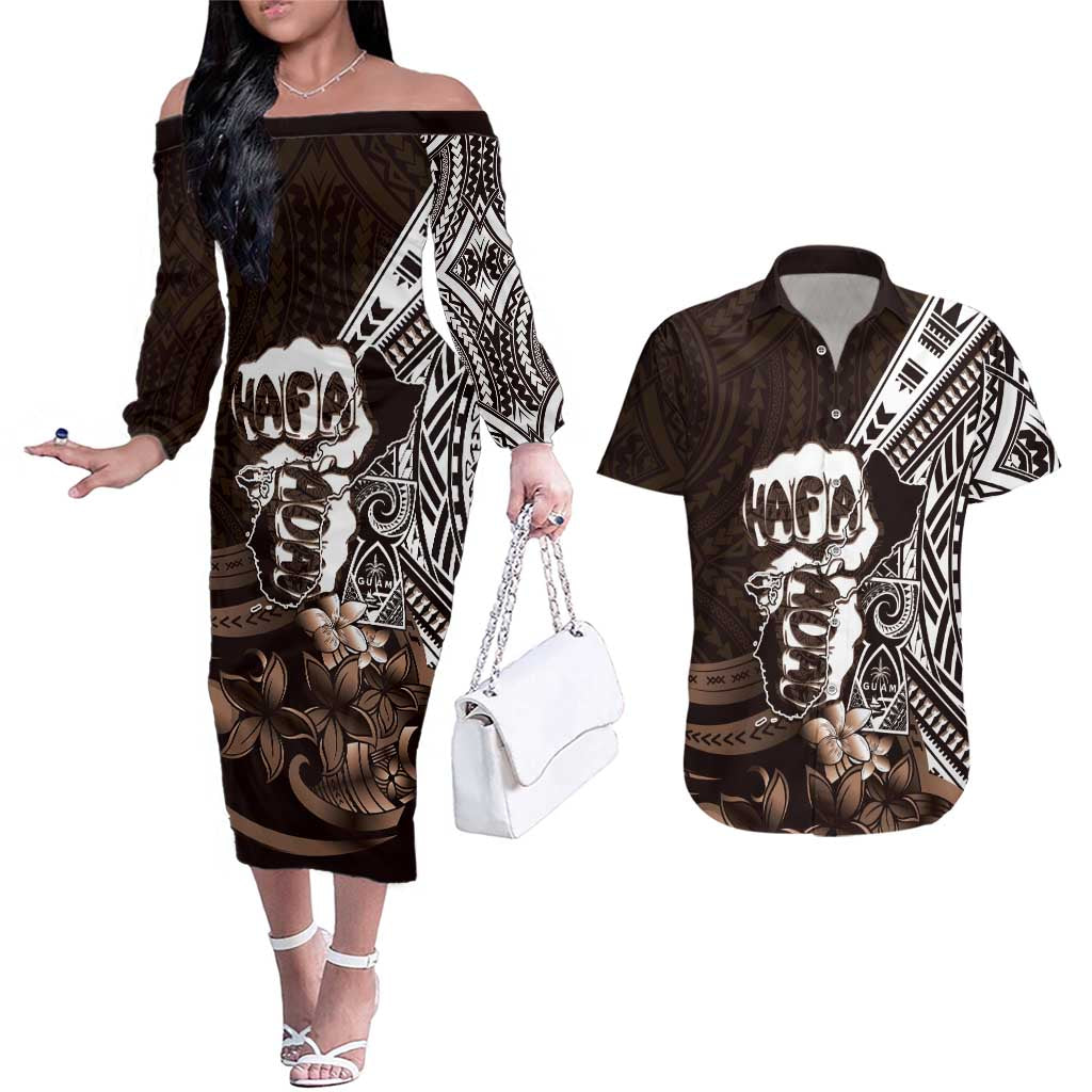 Hafa Adai Guam Discovery Day Couples Matching Off The Shoulder Long Sleeve Dress and Hawaiian Shirt Chamorro Latte Stone Hand Brown Version
