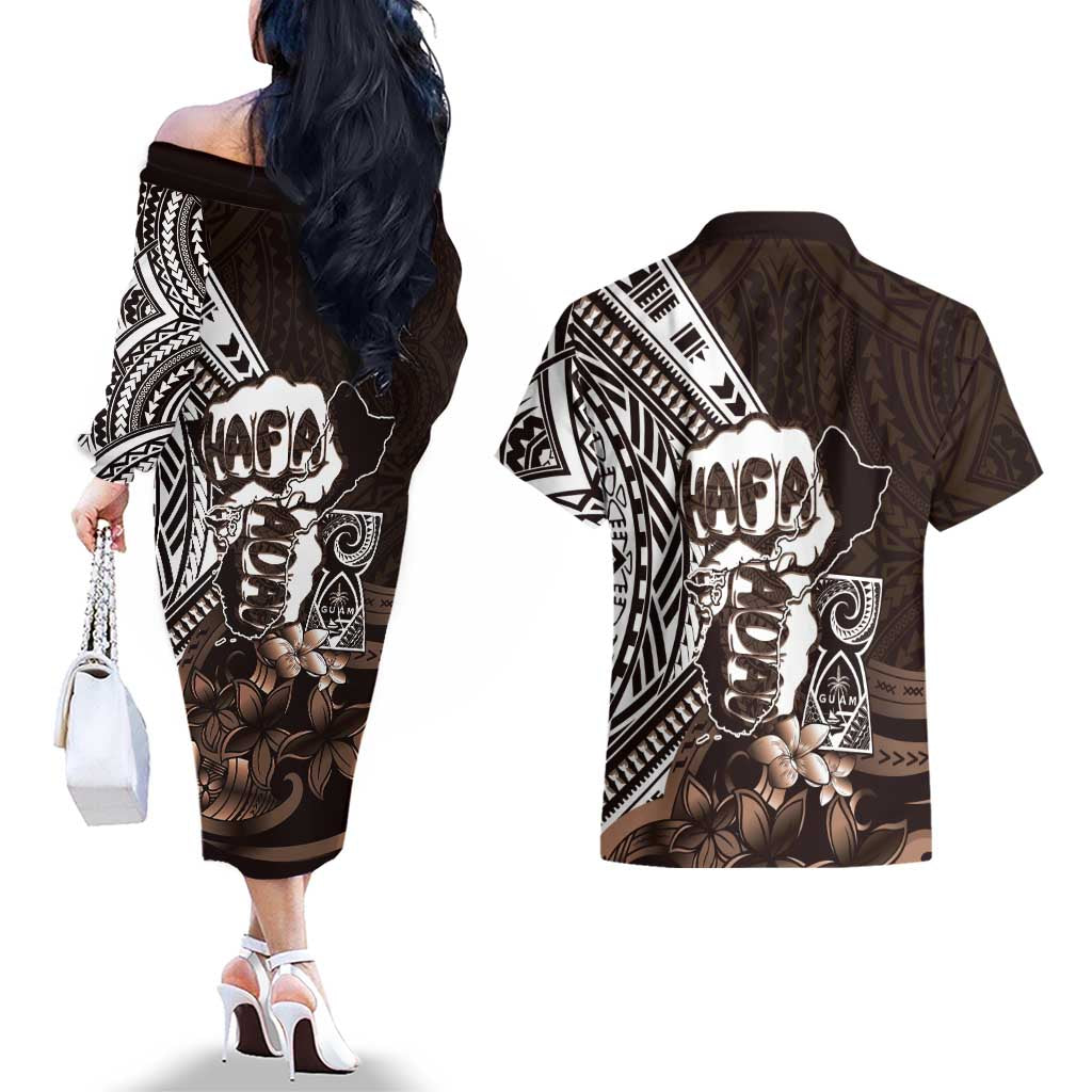 Hafa Adai Guam Discovery Day Couples Matching Off The Shoulder Long Sleeve Dress and Hawaiian Shirt Chamorro Latte Stone Hand Brown Version