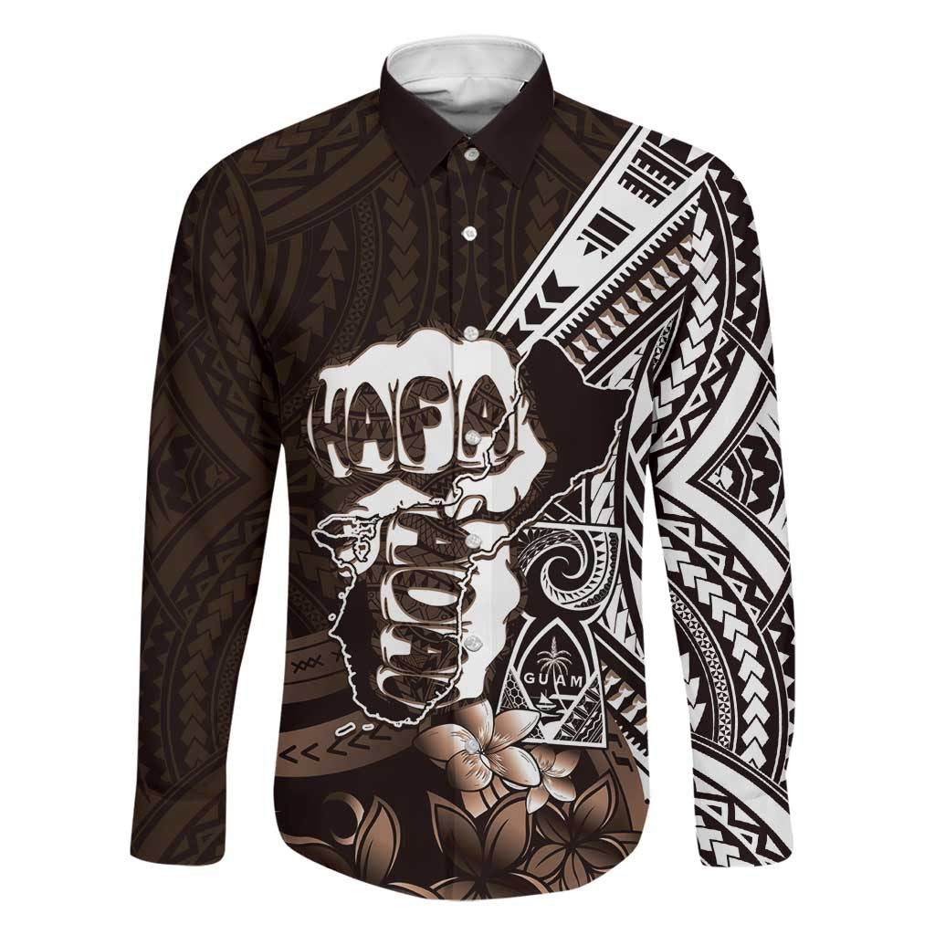 Hafa Adai Guam Discovery Day Family Matching Mermaid Dress and Hawaiian Shirt Chamorro Latte Stone Hand Brown Version LT14 Dad's Shirt - Long Sleeve Brown - Polynesian Pride
