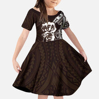 Hafa Adai Guam Discovery Day Family Matching Off The Shoulder Long Sleeve Dress and Hawaiian Shirt Chamorro Latte Stone Hand Brown Version LT14 Daughter's Dress Brown - Polynesian Pride