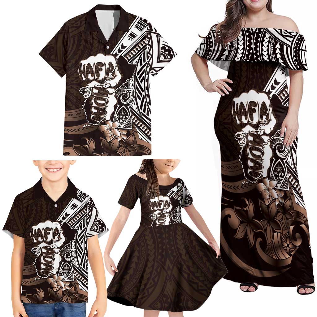 Hafa Adai Guam Discovery Day Family Matching Off Shoulder Maxi Dress and Hawaiian Shirt Chamorro Latte Stone Hand Brown Version LT14 - Polynesian Pride