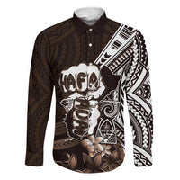 Hafa Adai Guam Discovery Day Family Matching Off Shoulder Short Dress and Hawaiian Shirt Chamorro Latte Stone Hand Brown Version LT14 Dad's Shirt - Long Sleeve Brown - Polynesian Pride