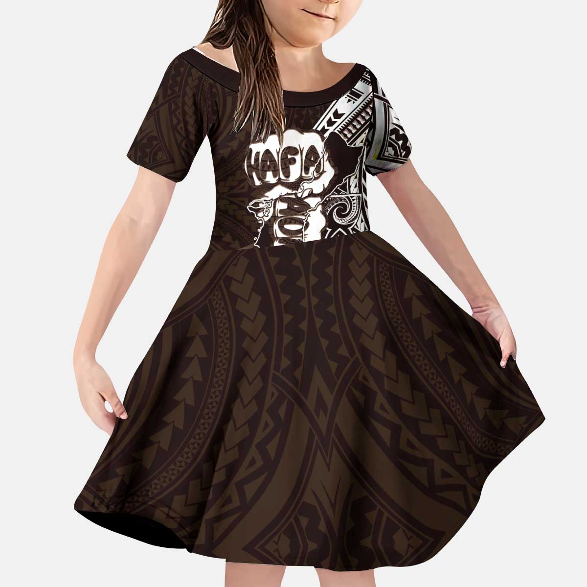 Hafa Adai Guam Discovery Day Kid Short Sleeve Dress Chamorro Latte Stone Hand Brown Version LT14 KID Brown - Polynesian Pride