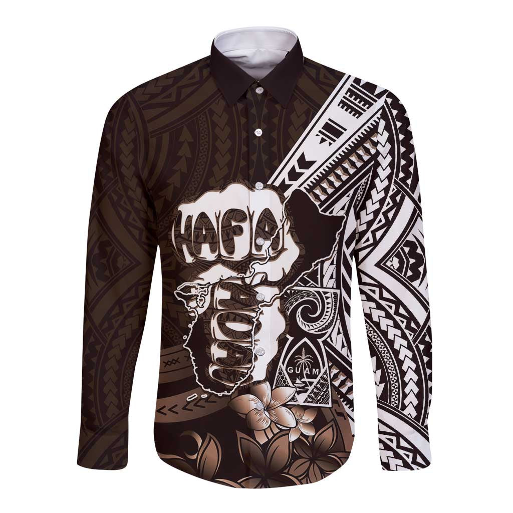 Hafa Adai Guam Discovery Day Long Sleeve Button Shirt Chamorro Latte Stone Hand Brown Version LT14 Unisex Brown - Polynesian Pride