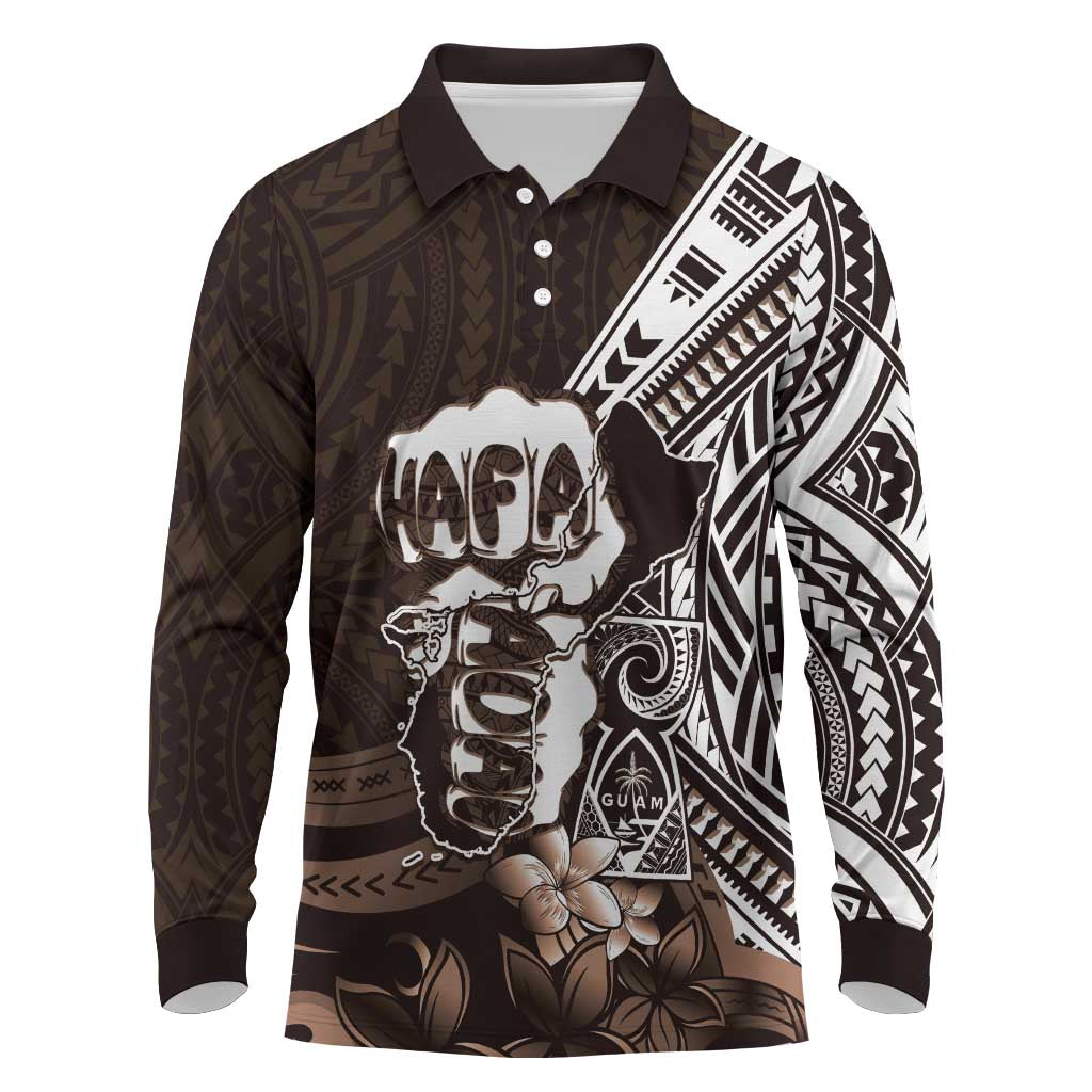 Hafa Adai Guam Discovery Day Long Sleeve Polo Shirt Chamorro Latte Stone Hand Brown Version LT14 Brown - Polynesian Pride