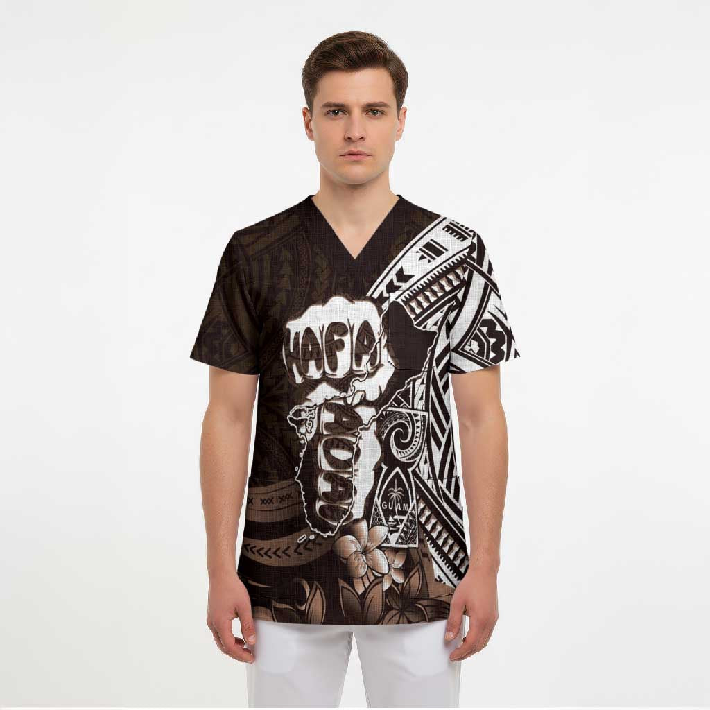 Hafa Adai Guam Discovery Day Scrub Top Chamorro Latte Stone Hand Brown Version
