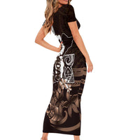 Hafa Adai Guam Discovery Day Short Sleeve Bodycon Dress Chamorro Latte Stone Hand Brown Version LT14 - Polynesian Pride
