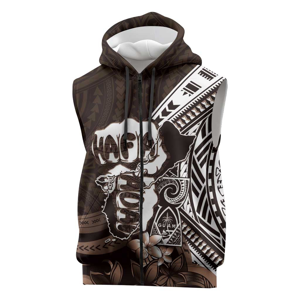 Hafa Adai Guam Discovery Day Sleeveless Zip Hoodie Chamorro Latte Stone Hand Brown Version