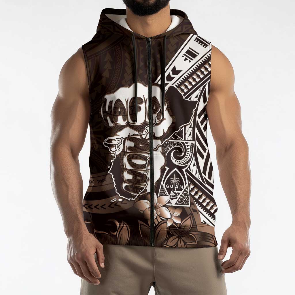 Hafa Adai Guam Discovery Day Sleeveless Zip Hoodie Chamorro Latte Stone Hand Brown Version