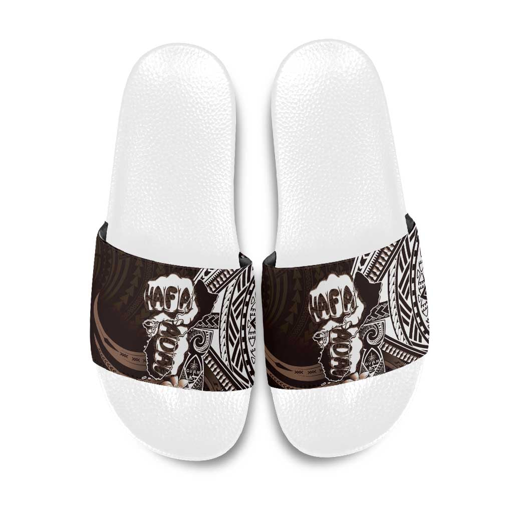 Hafa Adai Guam Discovery Day Slide Sandals Chamorro Latte Stone Hand Brown Version