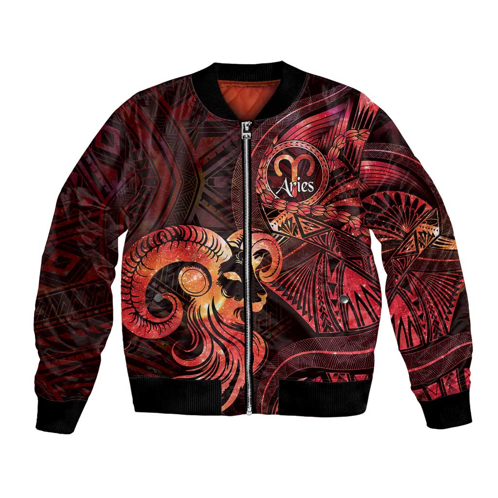 Personalised Polynesia Zodiac Aries Bomber Jacket Galaxy Polynesian Pattern Chest Tattoo Style LT14 Unisex Red - Polynesian Pride