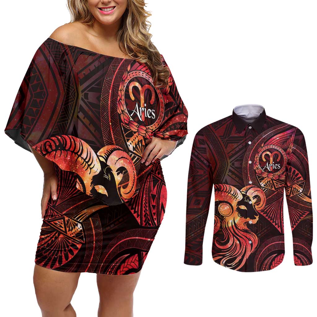 Personalised Polynesia Zodiac Aries Couples Matching Off Shoulder Short Dress and Long Sleeve Button Shirt Galaxy Polynesian Pattern Chest Tattoo Style LT14 Red - Polynesian Pride