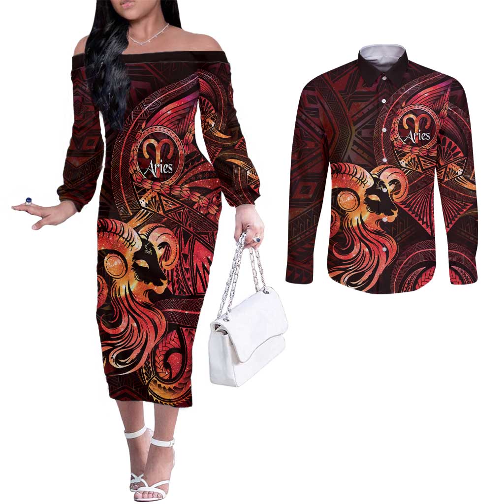 Personalised Polynesia Zodiac Aries Couples Matching Off The Shoulder Long Sleeve Dress and Long Sleeve Button Shirt Galaxy Polynesian Pattern Chest Tattoo Style LT14 Red - Polynesian Pride