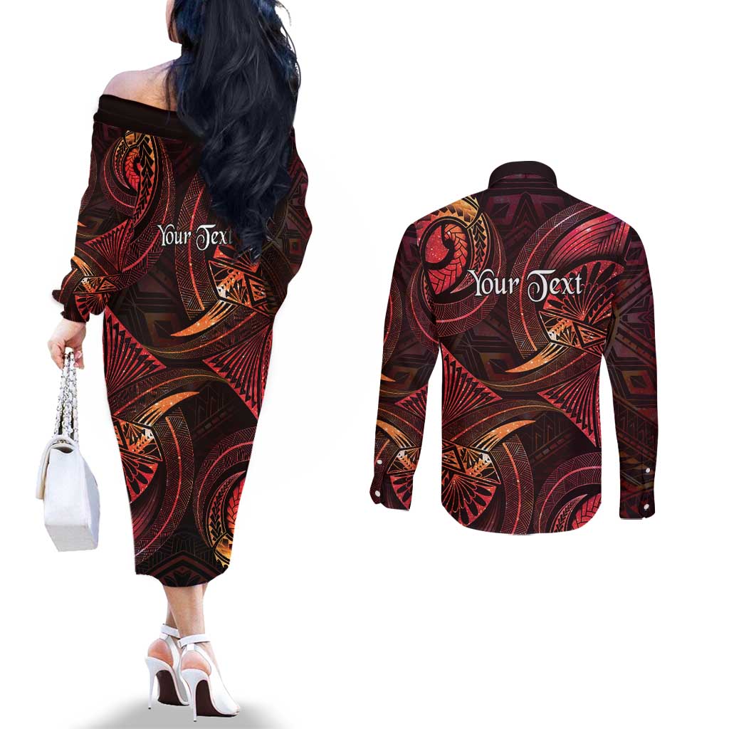 Personalised Polynesia Zodiac Aries Couples Matching Off The Shoulder Long Sleeve Dress and Long Sleeve Button Shirt Galaxy Polynesian Pattern Chest Tattoo Style LT14 - Polynesian Pride