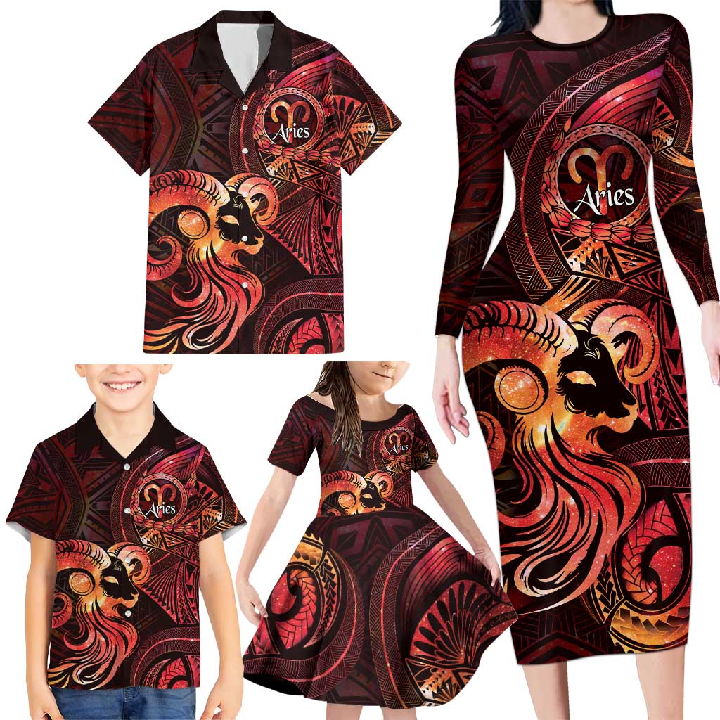 Personalised Polynesia Zodiac Aries Family Matching Long Sleeve Bodycon Dress and Hawaiian Shirt Galaxy Polynesian Pattern Chest Tattoo Style