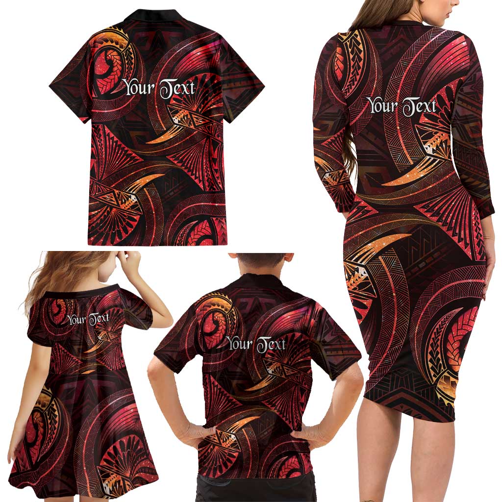 Personalised Polynesia Zodiac Aries Family Matching Long Sleeve Bodycon Dress and Hawaiian Shirt Galaxy Polynesian Pattern Chest Tattoo Style