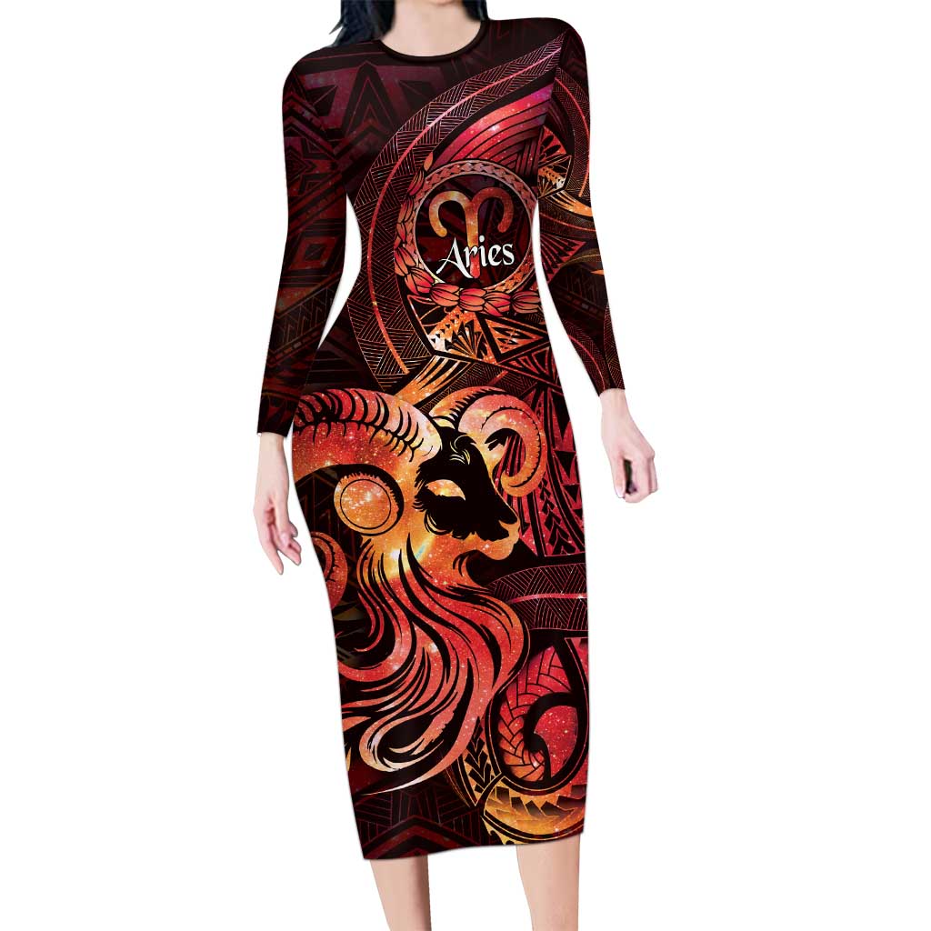 Personalised Polynesia Zodiac Aries Family Matching Long Sleeve Bodycon Dress and Hawaiian Shirt Galaxy Polynesian Pattern Chest Tattoo Style