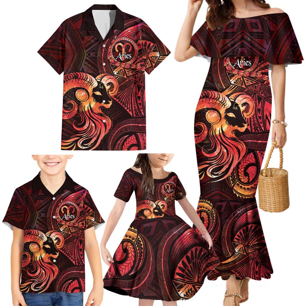 Personalised Polynesia Zodiac Aries Family Matching Mermaid Dress and Hawaiian Shirt Galaxy Polynesian Pattern Chest Tattoo Style