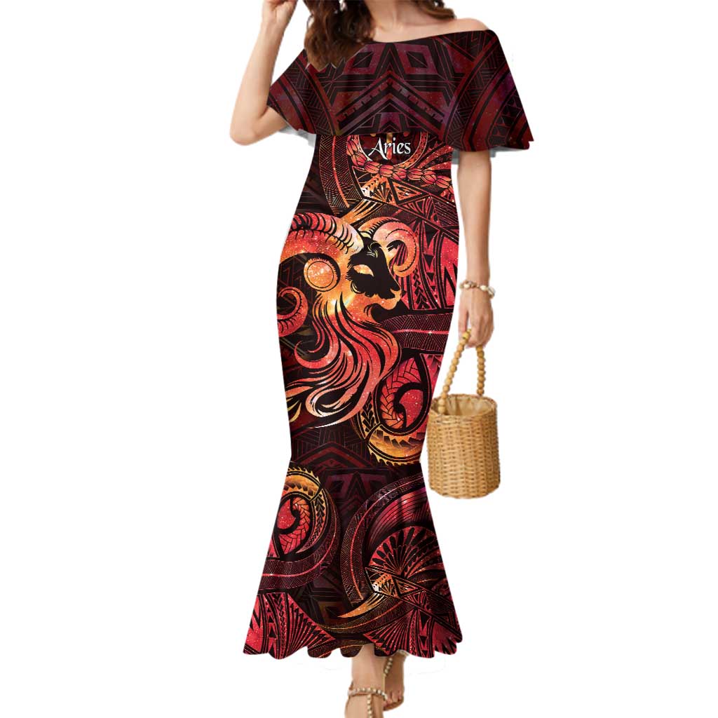 Personalised Polynesia Zodiac Aries Family Matching Mermaid Dress and Hawaiian Shirt Galaxy Polynesian Pattern Chest Tattoo Style