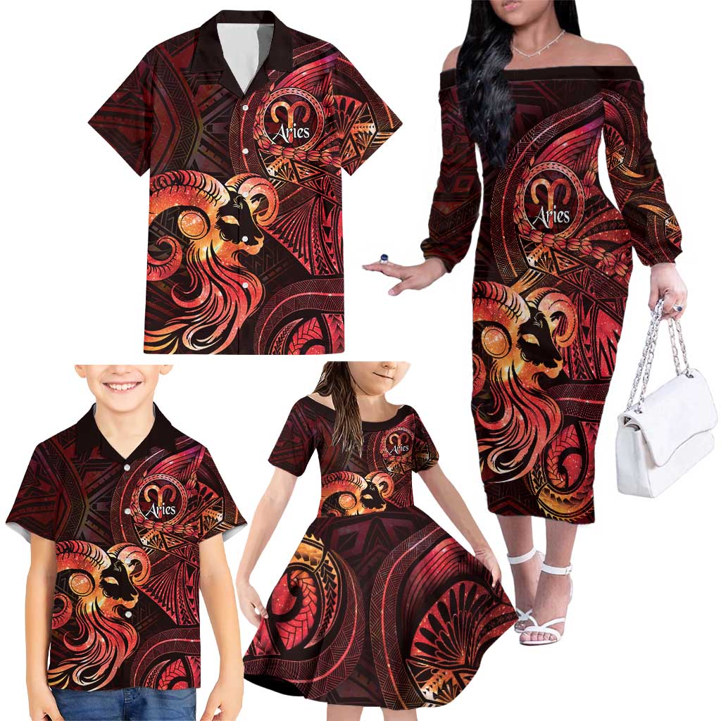 Personalised Polynesia Zodiac Aries Family Matching Off The Shoulder Long Sleeve Dress and Hawaiian Shirt Galaxy Polynesian Pattern Chest Tattoo Style