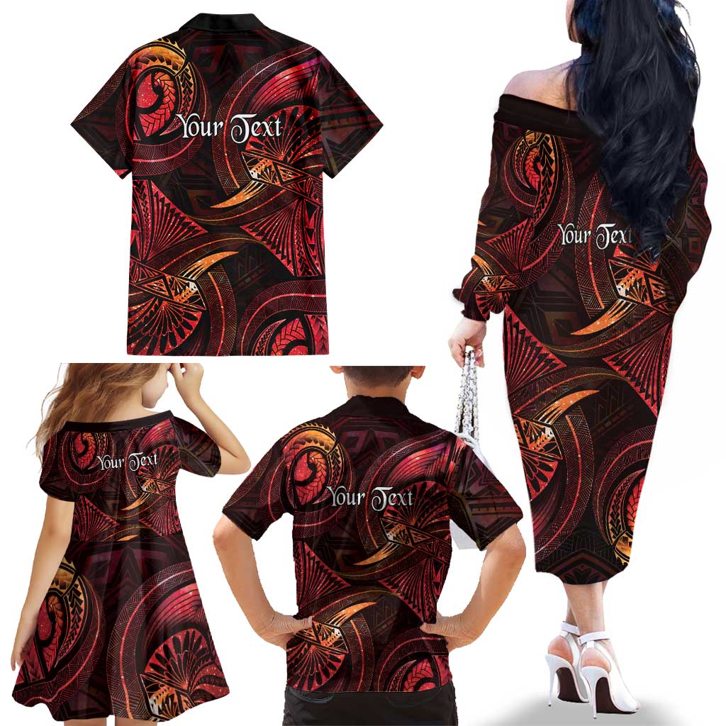 Personalised Polynesia Zodiac Aries Family Matching Off The Shoulder Long Sleeve Dress and Hawaiian Shirt Galaxy Polynesian Pattern Chest Tattoo Style