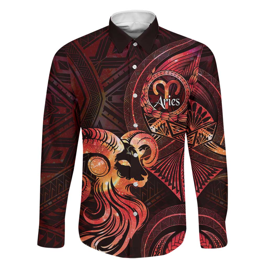 Personalised Polynesia Zodiac Aries Family Matching Off The Shoulder Long Sleeve Dress and Hawaiian Shirt Galaxy Polynesian Pattern Chest Tattoo Style