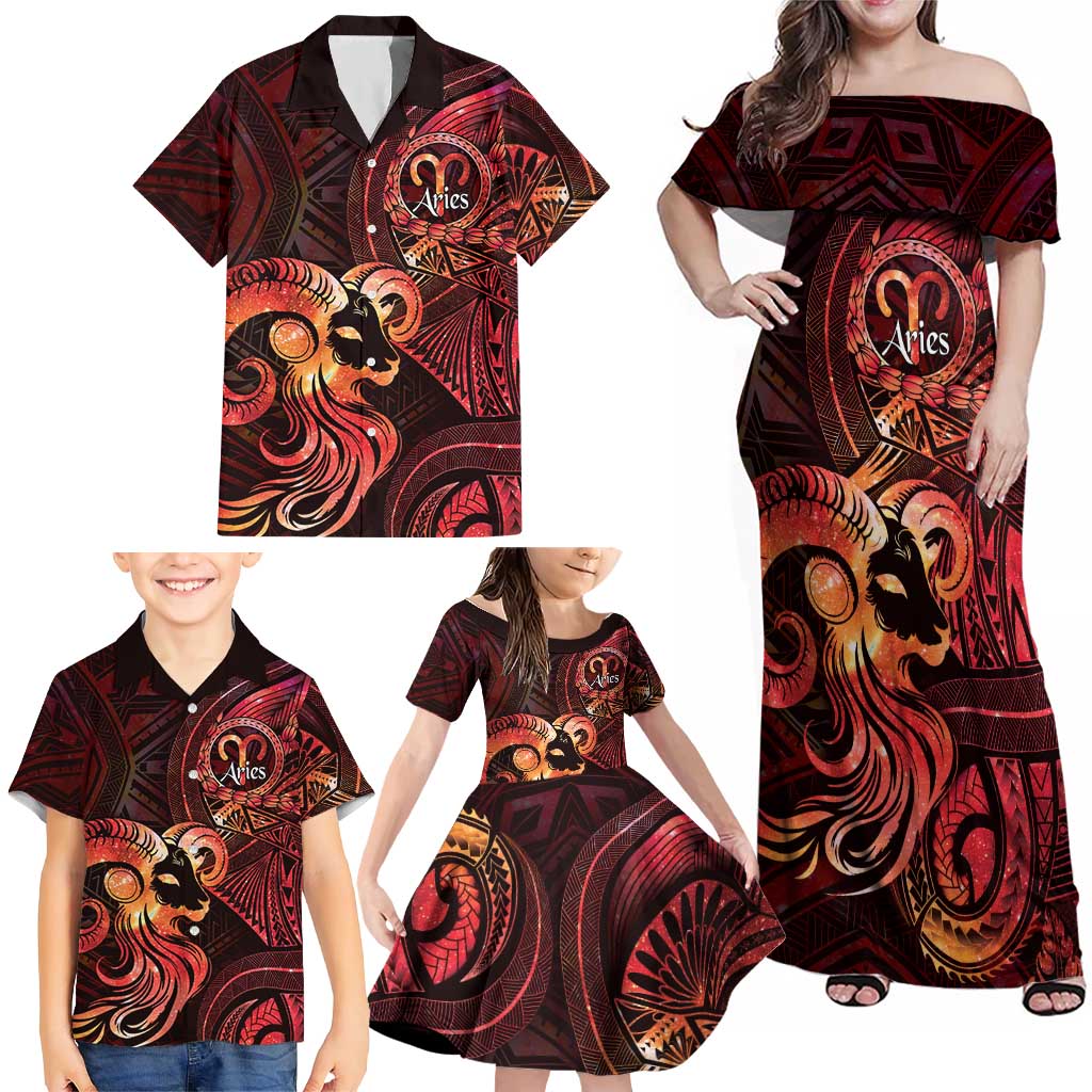 Personalised Polynesia Zodiac Aries Family Matching Off Shoulder Maxi Dress and Hawaiian Shirt Galaxy Polynesian Pattern Chest Tattoo Style LT14 - Polynesian Pride