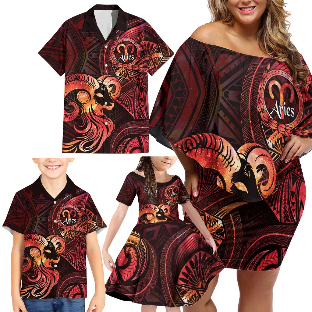 Personalised Polynesia Zodiac Aries Family Matching Off Shoulder Short Dress and Hawaiian Shirt Galaxy Polynesian Pattern Chest Tattoo Style LT14 - Polynesian Pride