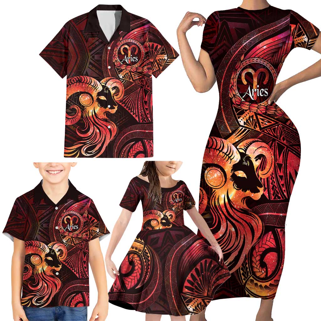 Personalised Polynesia Zodiac Aries Family Matching Short Sleeve Bodycon Dress and Hawaiian Shirt Galaxy Polynesian Pattern Chest Tattoo Style LT14 - Polynesian Pride
