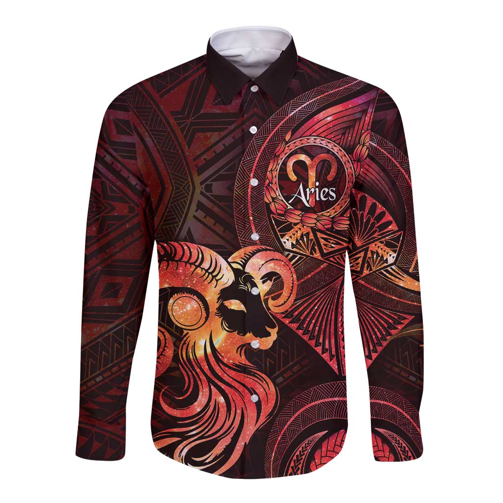 Personalised Polynesia Zodiac Aries Long Sleeve Button Shirt Galaxy Polynesian Pattern Chest Tattoo Style