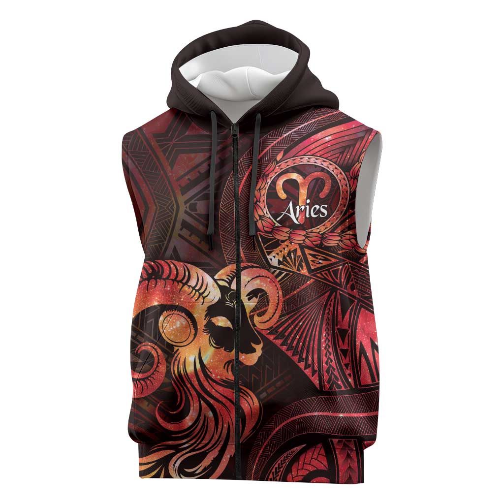 Personalised Polynesia Zodiac Aries Sleeveless Zip Hoodie Galaxy Polynesian Pattern Chest Tattoo Style LT14 Red - Polynesian Pride