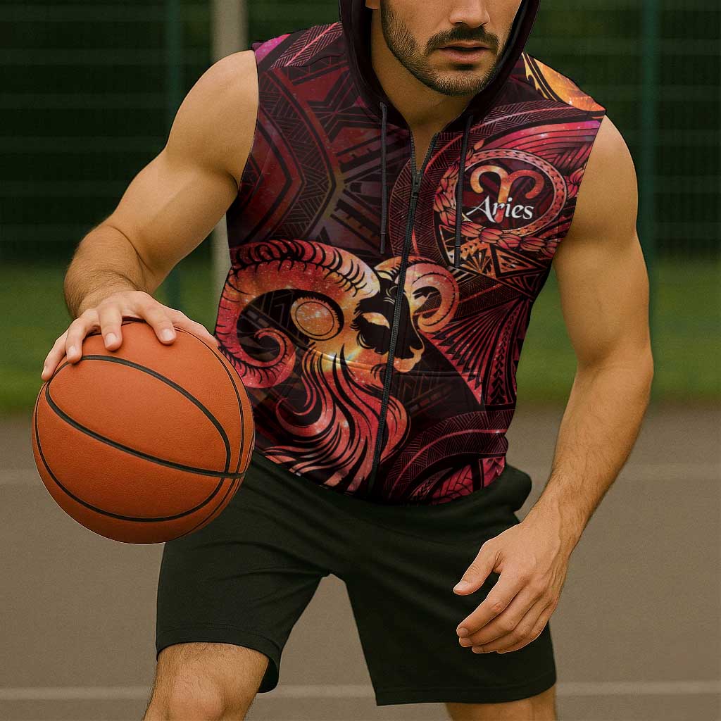 Personalised Polynesia Zodiac Aries Sleeveless Zip Hoodie Galaxy Polynesian Pattern Chest Tattoo Style