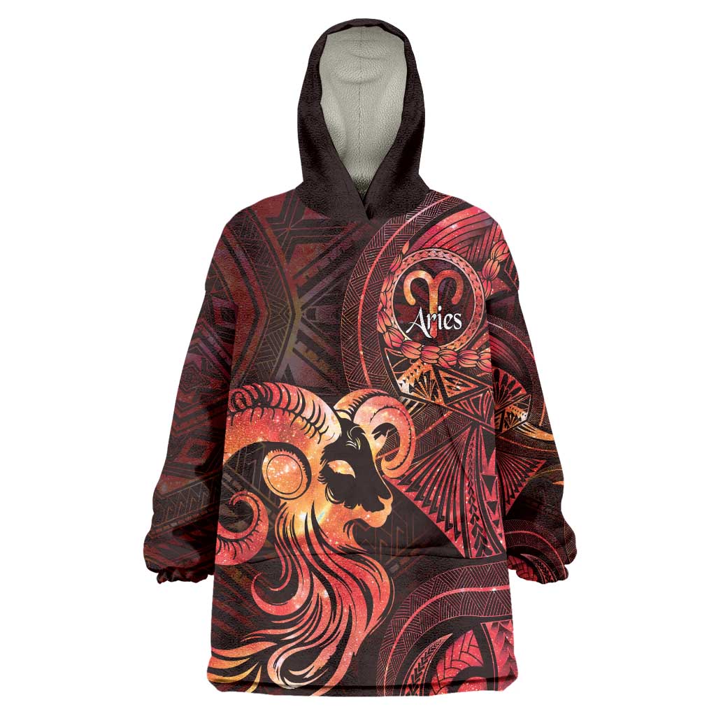 Personalised Polynesia Zodiac Aries Wearable Blanket Hoodie Galaxy Polynesian Pattern Chest Tattoo Style