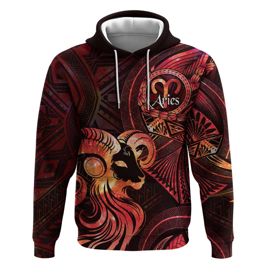 Personalised Polynesia Zodiac Aries Zip Hoodie Galaxy Polynesian Pattern Chest Tattoo Style LT14 Pullover Hoodie Red - Polynesian Pride