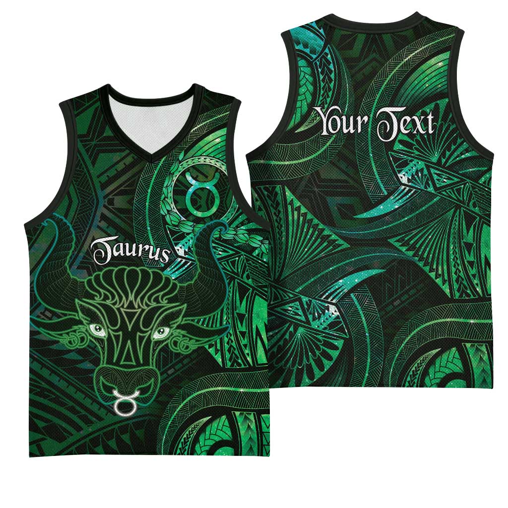 Personalised Polynesia Zodiac Taurus Basketball Jersey Galaxy Polynesian Pattern Chest Tattoo Style