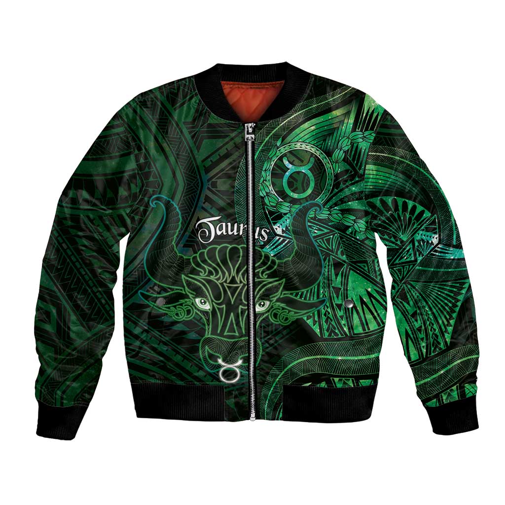Personalised Polynesia Zodiac Taurus Bomber Jacket Galaxy Polynesian Pattern Chest Tattoo Style LT14 Unisex Green - Polynesian Pride