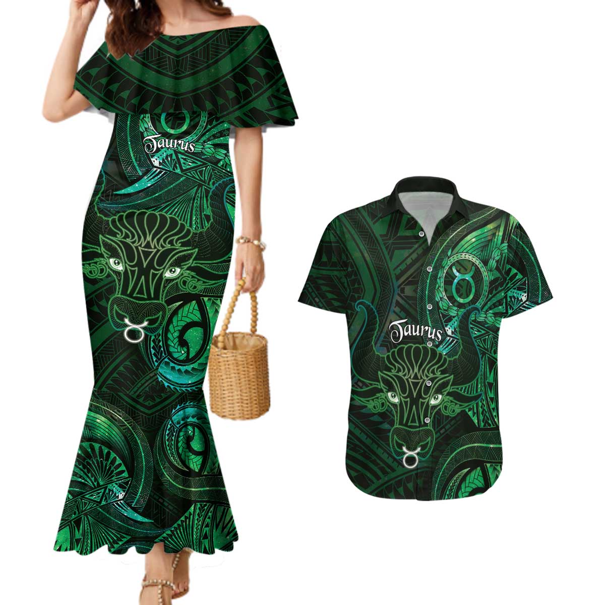 Personalised Polynesia Zodiac Taurus Couples Matching Mermaid Dress and Hawaiian Shirt Galaxy Polynesian Pattern Chest Tattoo Style LT14 Green - Polynesian Pride