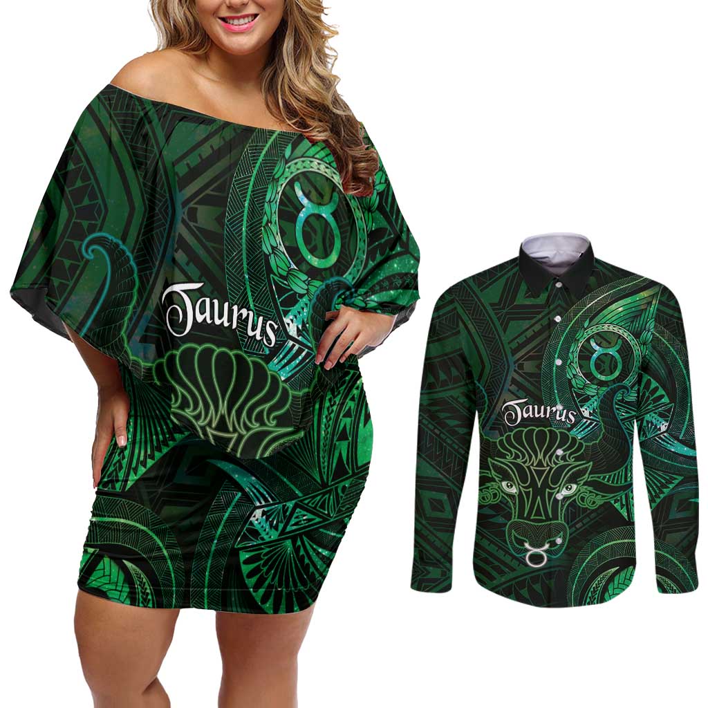 Personalised Polynesia Zodiac Taurus Couples Matching Off Shoulder Short Dress and Long Sleeve Button Shirt Galaxy Polynesian Pattern Chest Tattoo Style LT14 Green - Polynesian Pride