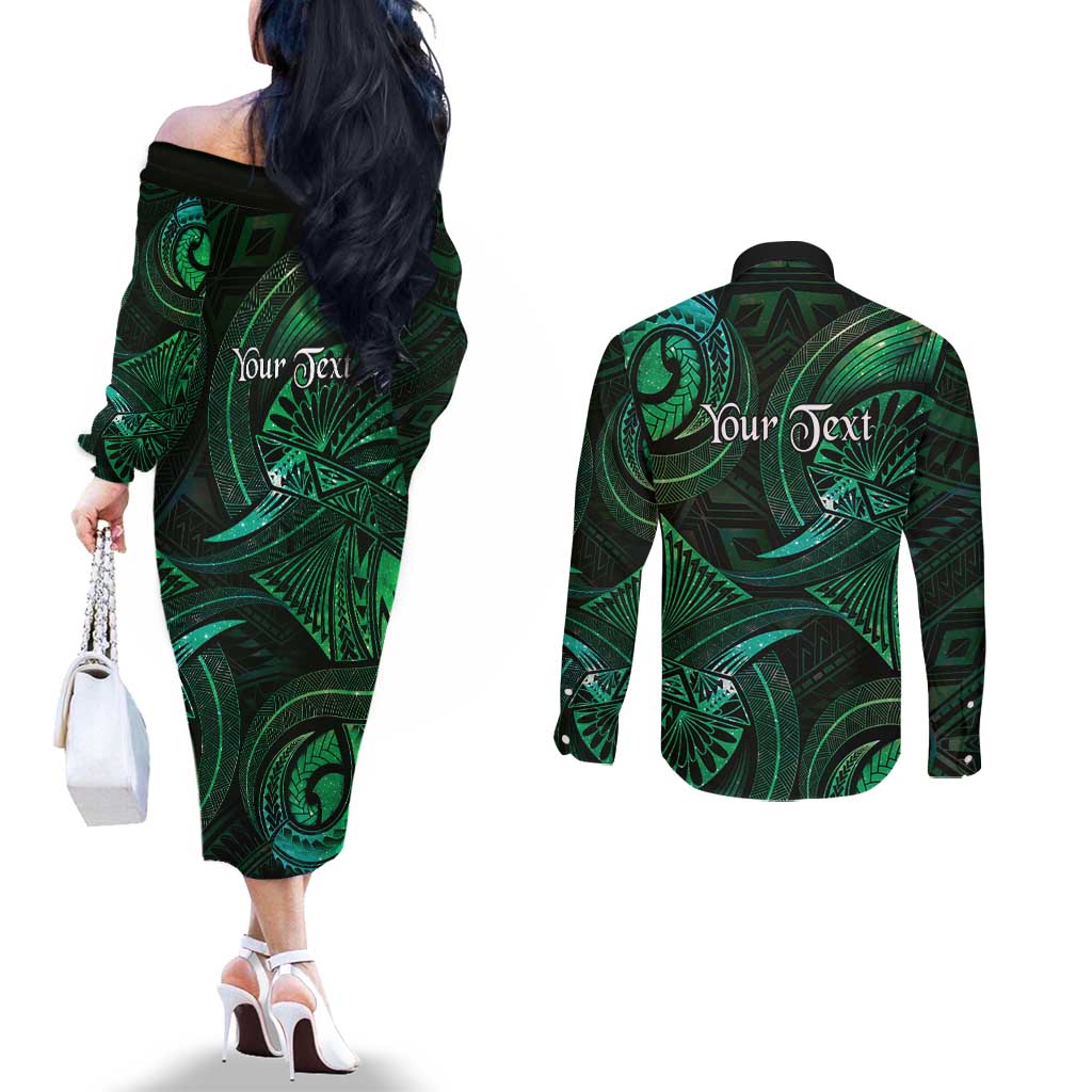 Personalised Polynesia Zodiac Taurus Couples Matching Off The Shoulder Long Sleeve Dress and Long Sleeve Button Shirt Galaxy Polynesian Pattern Chest Tattoo Style LT14 - Polynesian Pride