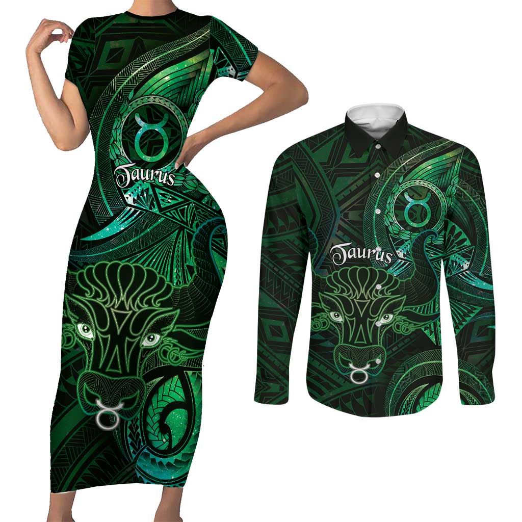 Personalised Polynesia Zodiac Taurus Couples Matching Short Sleeve Bodycon Dress and Long Sleeve Button Shirt Galaxy Polynesian Pattern Chest Tattoo Style LT14 Green - Polynesian Pride
